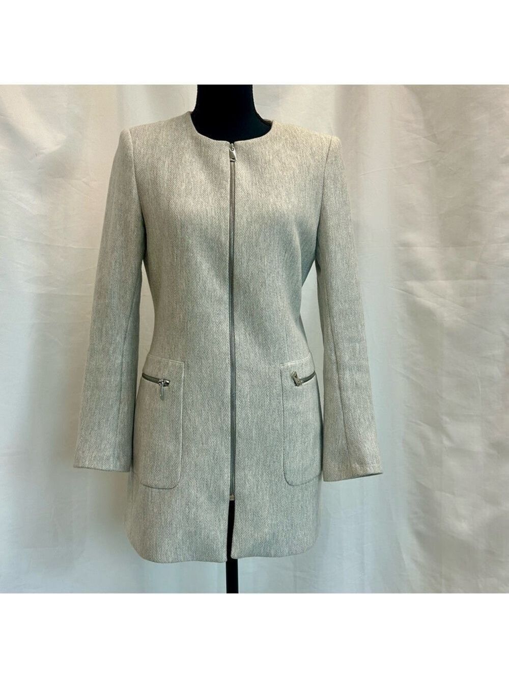 Zara light gray herringbone front full zip blazer jacket coat Sz M NWOT